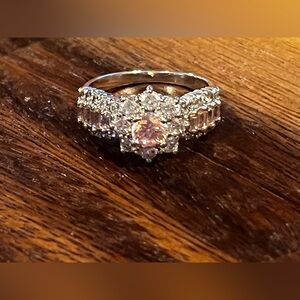 DL 925 SIGNED Sterling Silver 925 Pink Cubic Zirconia COCKTAIL RING SIZE 7.75